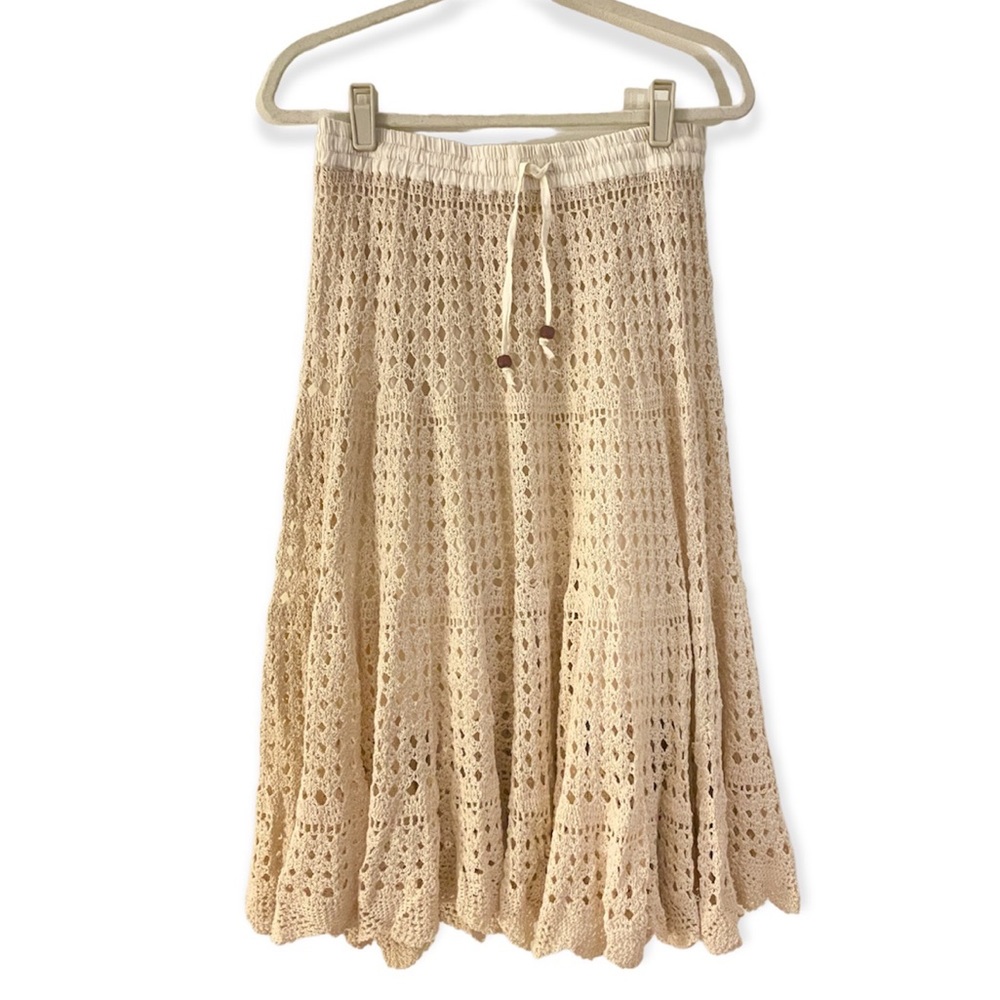 Nicole Miller Tan Cream Crochet Boho Maxi Flare Skirt Size Medium